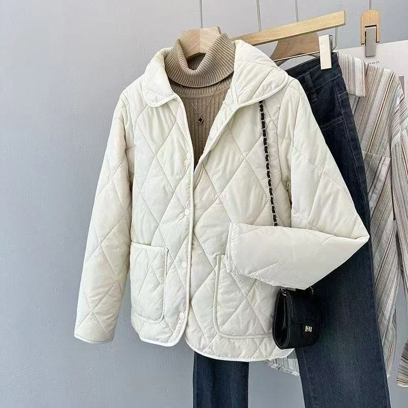 【翻领棉服】菱格新款时尚棉服轻薄百搭洋气休闲短款菱形格韩版