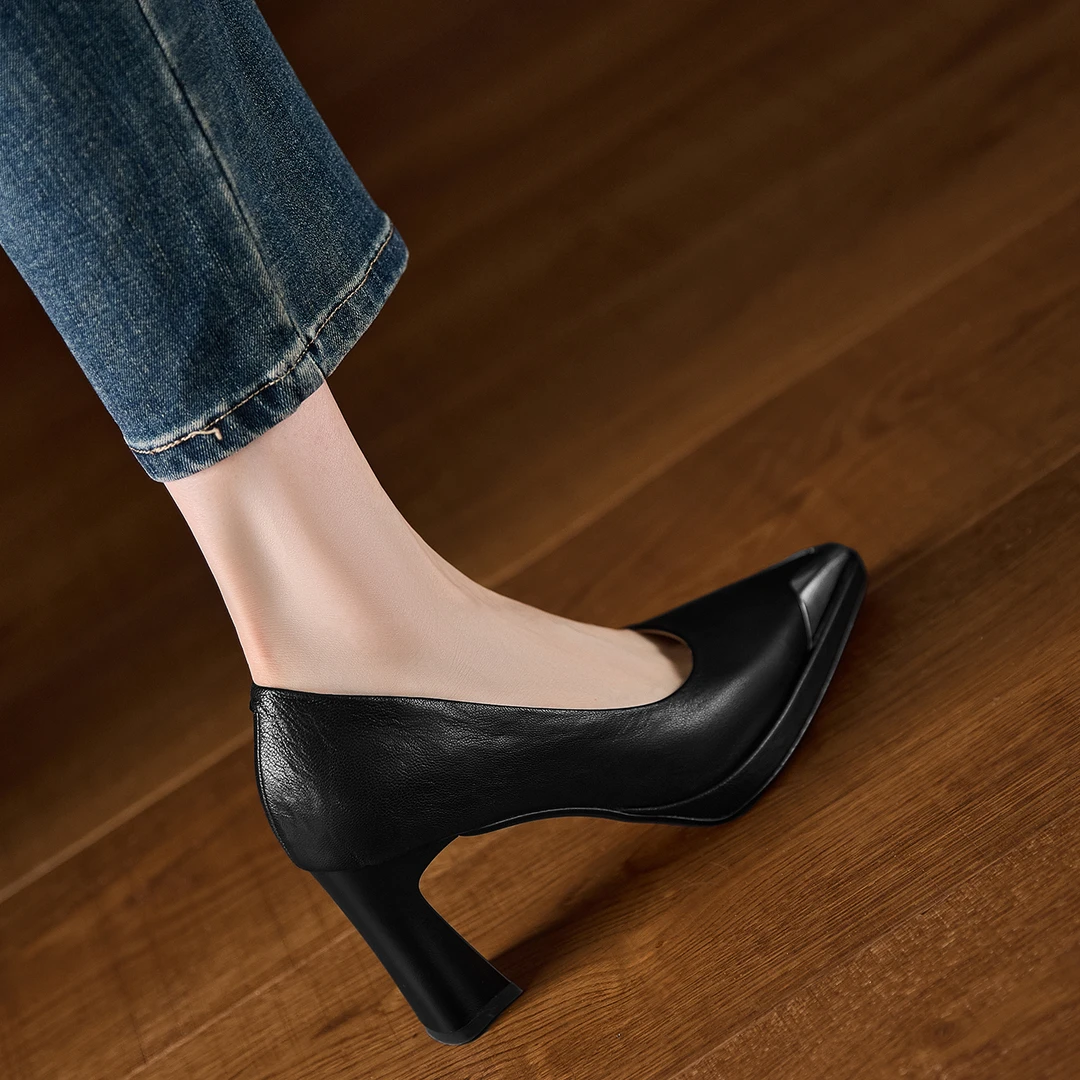 小个子手工女鞋8.5cm~高跟鞋女尖头粗跟浅口单鞋不累脚气质工作鞋