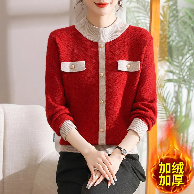 妈妈冬装2024新款时尚小香风加绒毛衣中老年女冬季加厚打底衫上衣