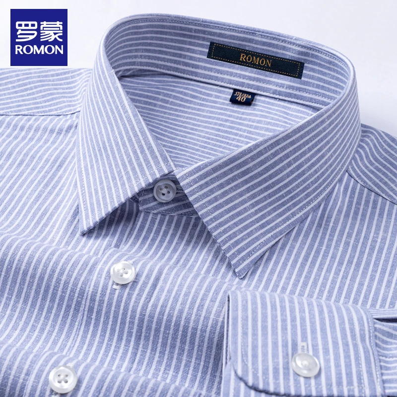 罗蒙男士高档长袖条纹衬衫男免烫抗皱商务男装休闲时尚高级感衬衣