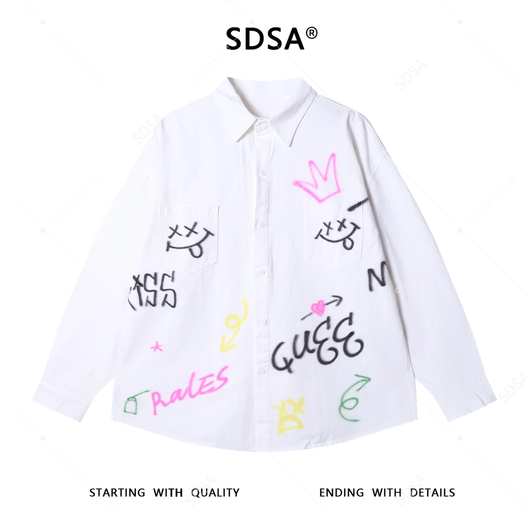 SDSA男士秋冬新款痞帅男装潮牌手绘涂鸦字母翻领长袖衬衫百搭衬衣