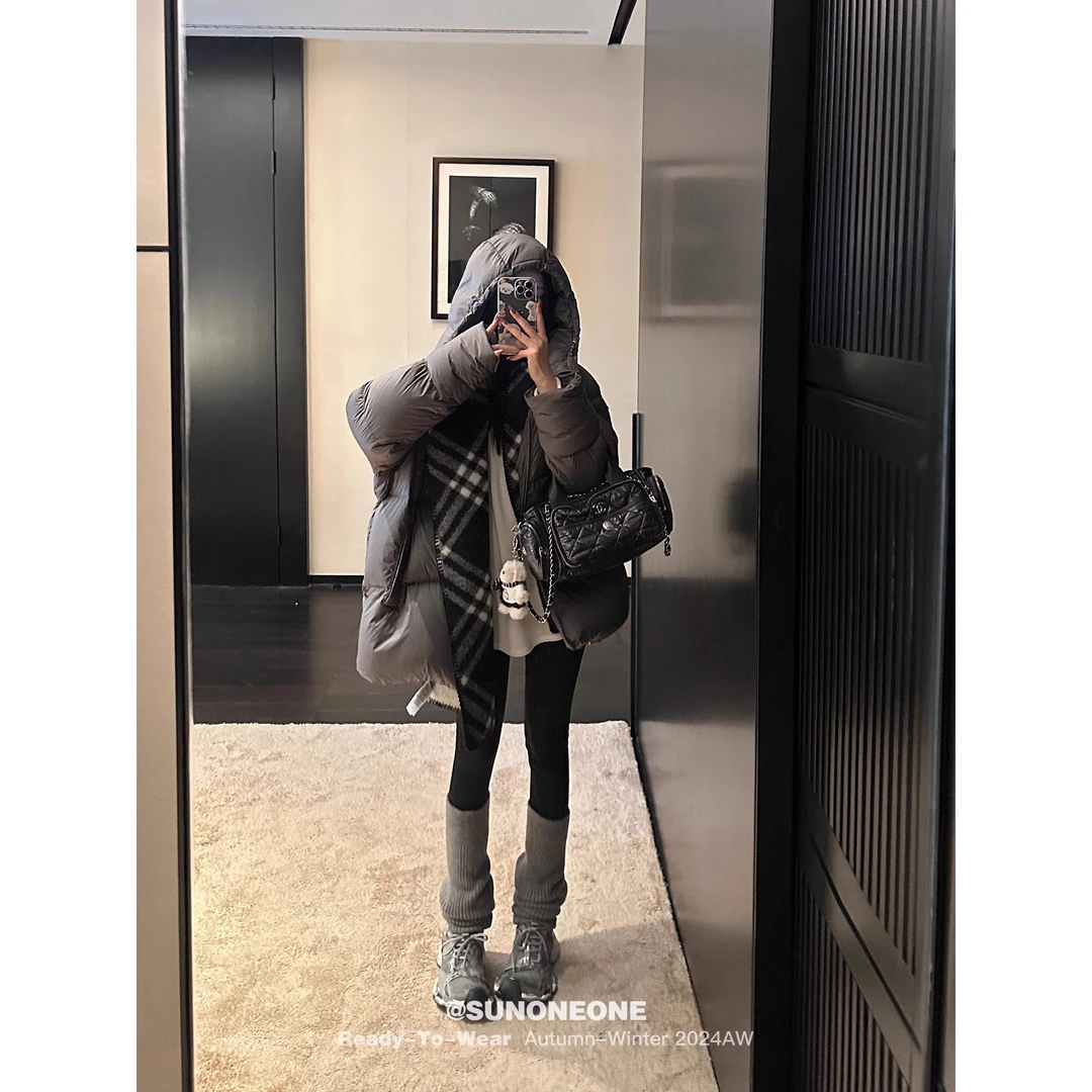 SUNEONE 灰色90白鸭绒羽绒I服女冬季中长款休闲宽松加厚连帽外套