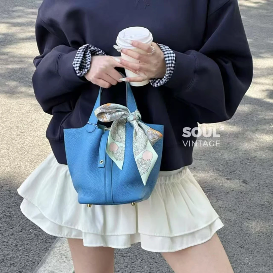 95新 Hermes/爱马仕 fl66 牛仔蓝tc皮菜篮子18/658820292