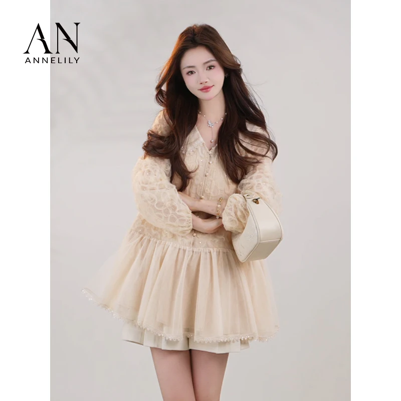 ANNELILY【烟晴】25年新款设计感甜美法式精致百搭气质蕾丝衬衫女生