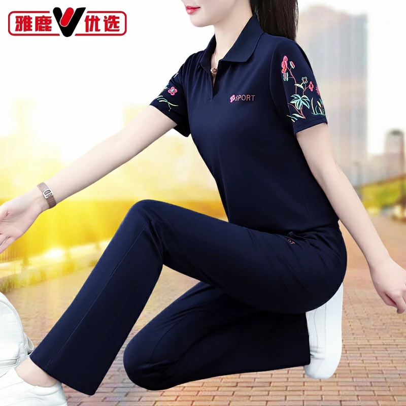 雅鹿优选运动套装女夏季薄款2025新款妈妈广场舞服冰丝短袖休闲服