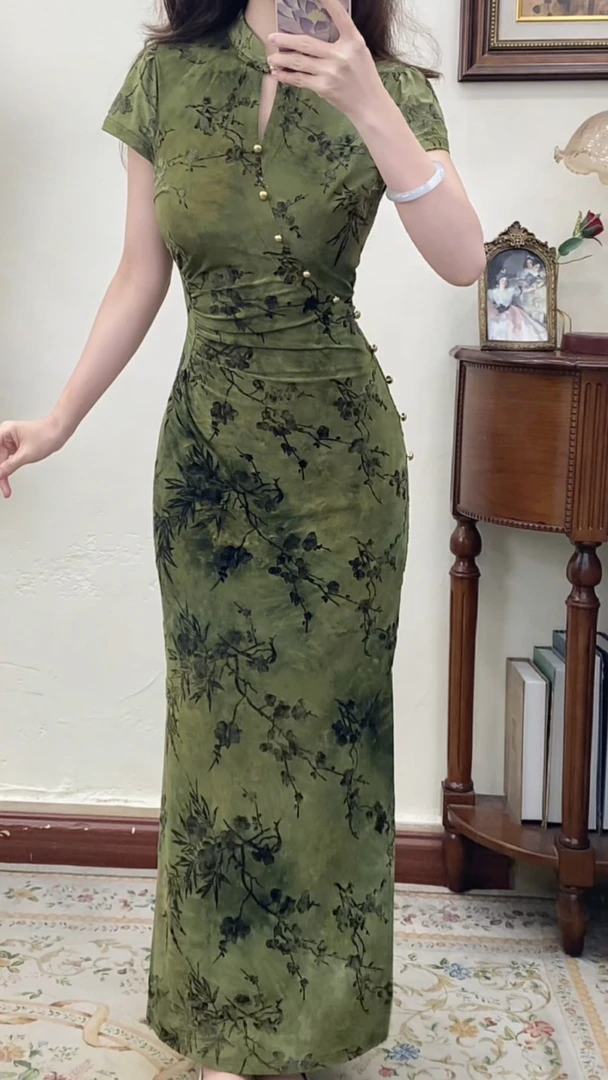 予溪自制【青玉案】夏季国风新中式绿色水墨印染裙弹力优雅改良旗袍