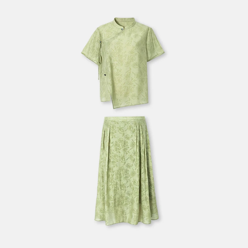 四月初九加大码女装胖MM2025夏 中式风印花古典美套装衬衫+半裙