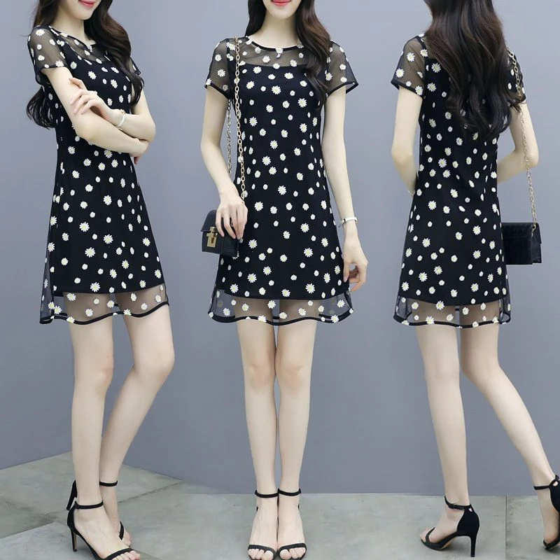 印花连衣裙女夏2024夏季新款女装时尚气质修身名媛中长款网纱裙子