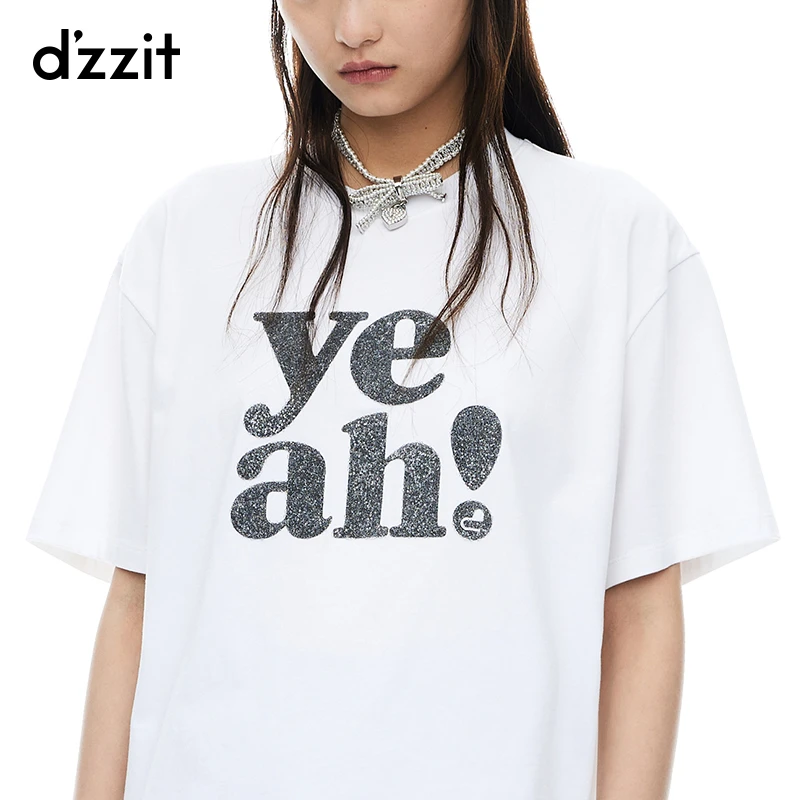 dzzit地素短袖T恤夏季简约休闲字母印花棉质宽松上衣女3I2B336