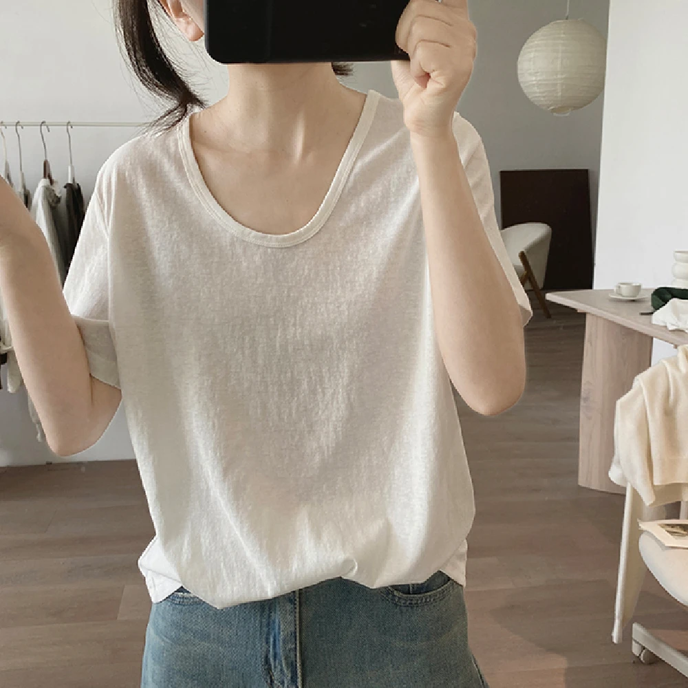 夏季新款时尚洋气简约纯色减龄基础款V领短袖薄款雪花棉T恤衫百搭