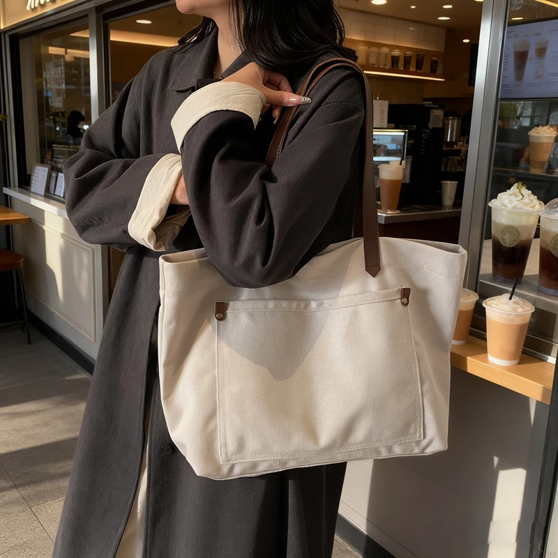 ins日系休闲复古帆布单肩包女简约大容量托特包质感纯色布袋子男