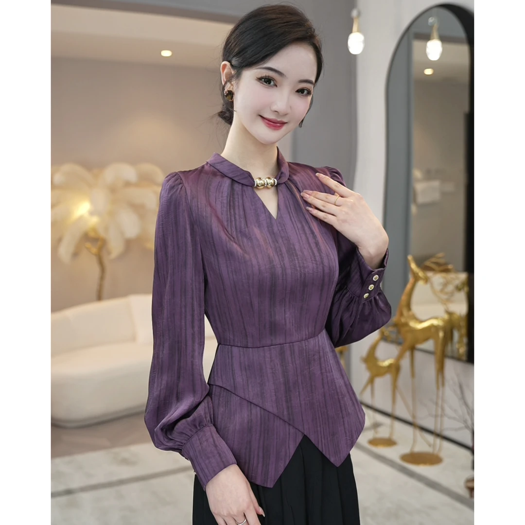 唐熹现货2025早秋新款【LT24-Q539】减龄时尚气质紫色长袖衬衫上衣