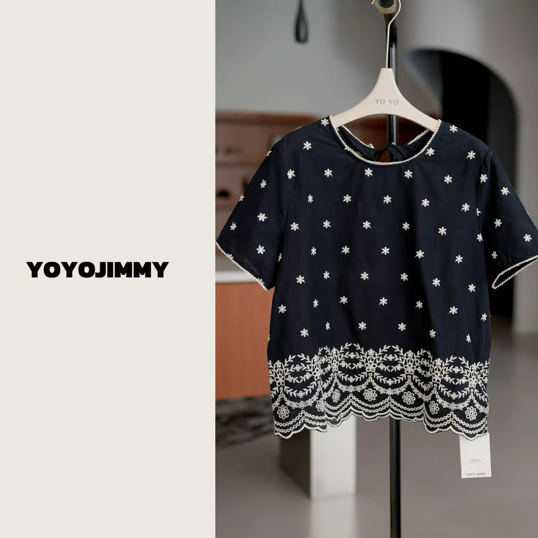 YOYO A201 夏季重工定制定位花刺绣小衫花边领女士t恤百搭上衣