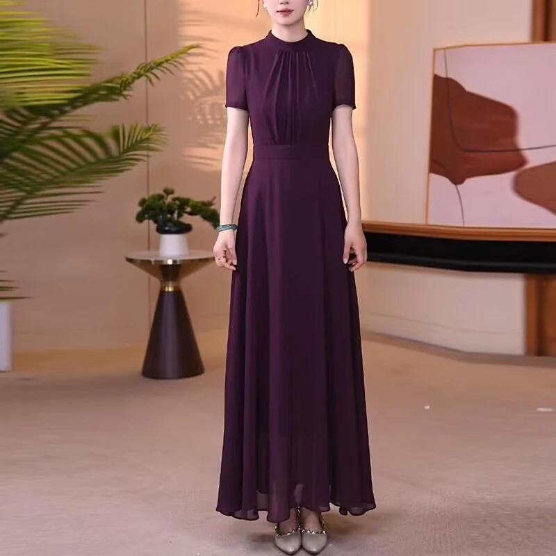 紫色大摆立领连衣裙年夏季收腰显瘦高级感气质连衣裙
