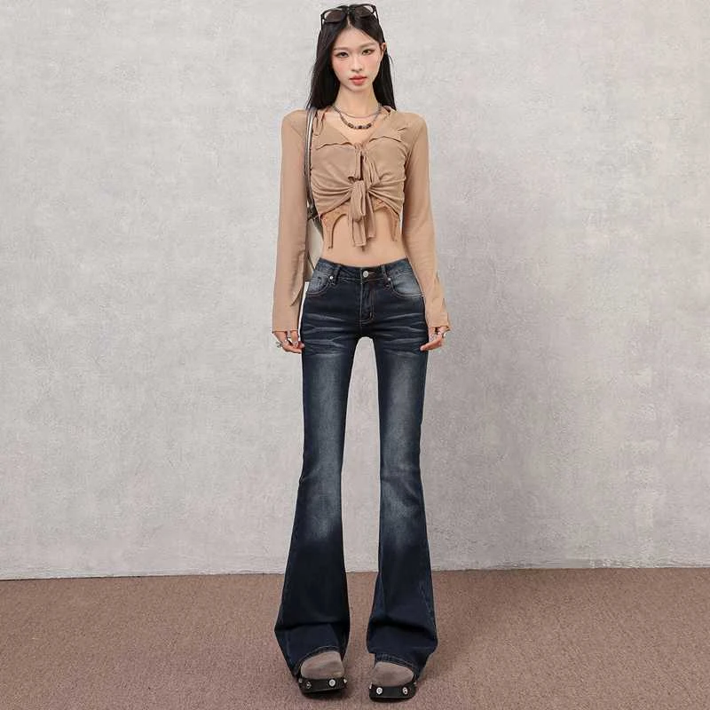 微弹美式怀旧微喇牛仔裤女辣妹低腰显瘦百搭弹力喇叭裤子