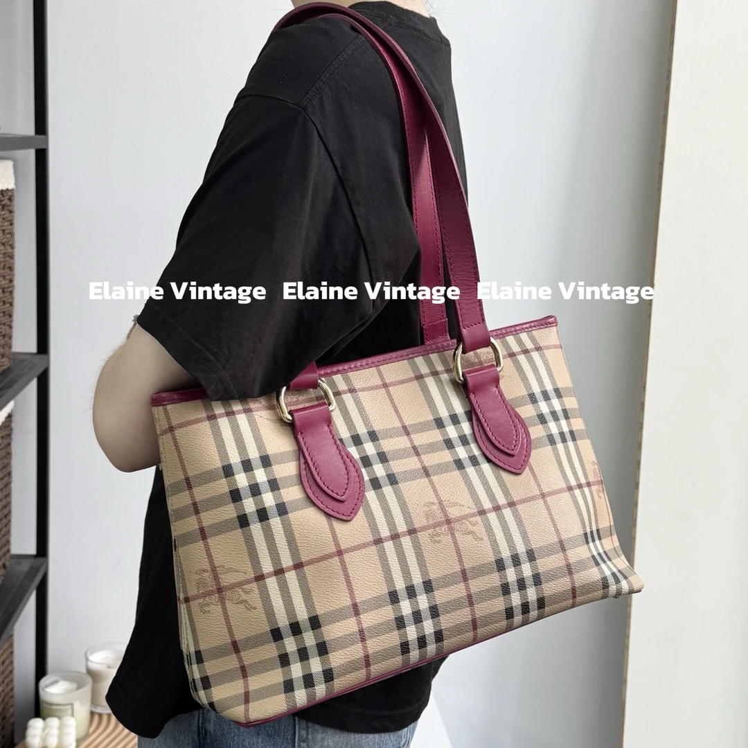 95新 BURBERRY/博柏利 玫红色战马格纹单肩托特包（34cm）/Y710
