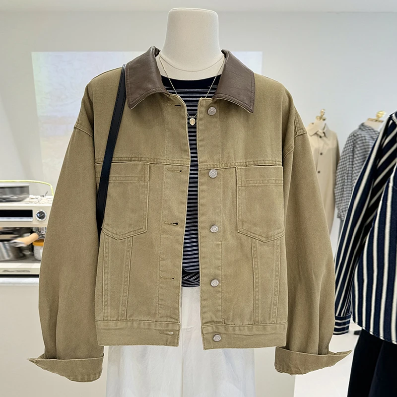 2025早春新美式短款复古工装风拼接翻领重工系扣牛仔衣女外套夹克