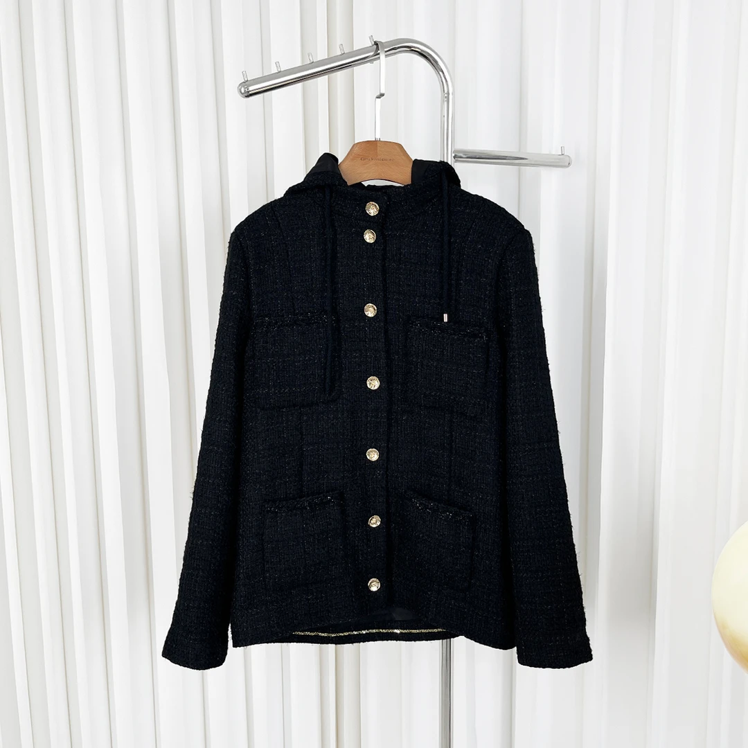 金贵在面料|香~编织粗花呢四口袋黑色连帽外套354