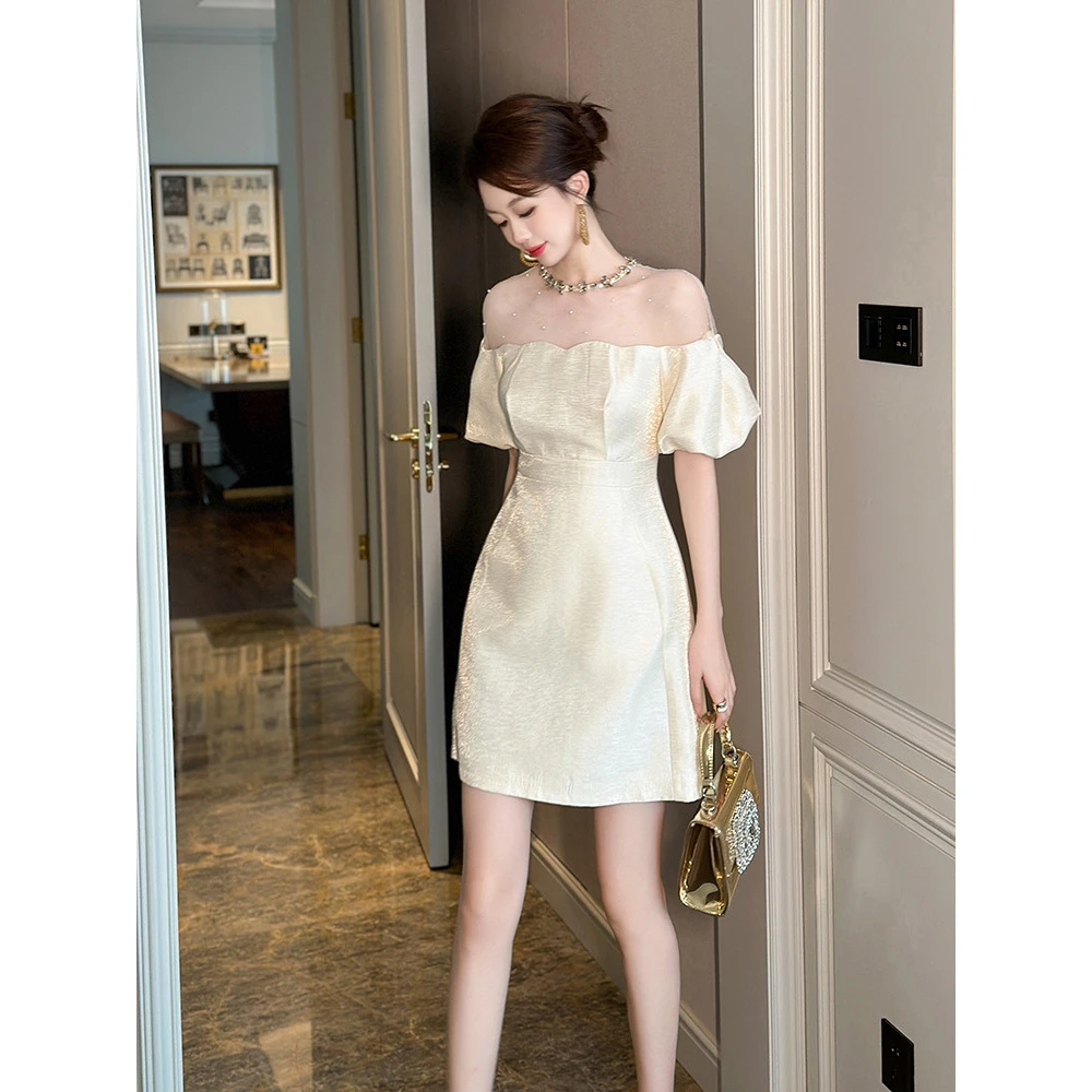 名媛千金连衣裙女夏新款轻奢小众钻领法式气质小个子高端礼服短裙