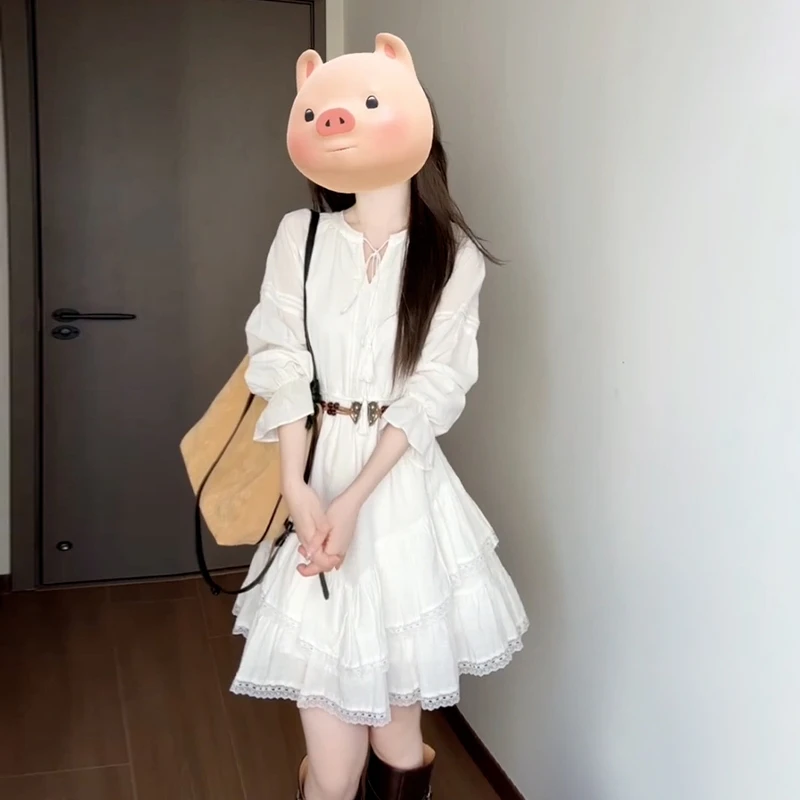 法式白色长袖收腰连衣裙女秋季2025年新款小个子气质初秋绝美短裙