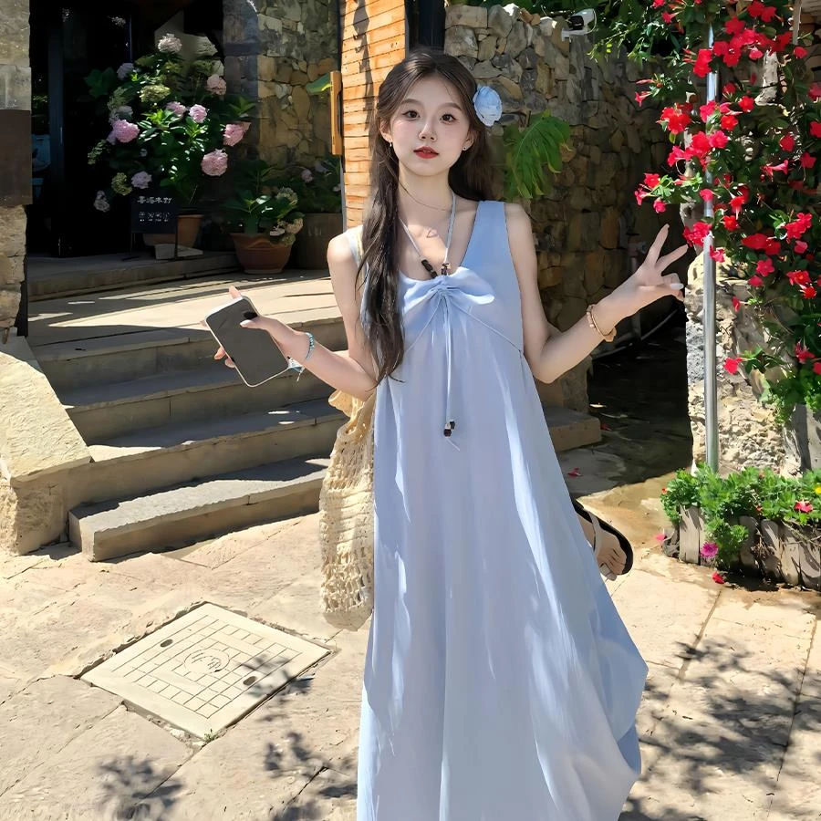 法式气质小香风蓝色背心连衣裙女夏2025新款小个子收腰无袖长裙子