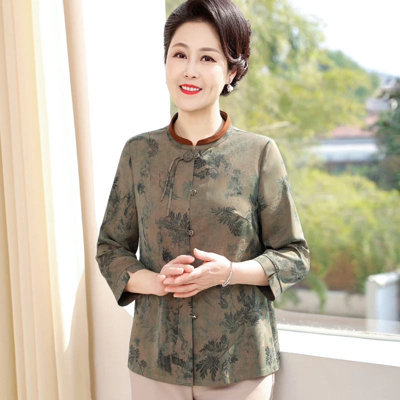 老年人妈妈夏季衬衫唐装2025新款奶奶夏装宽松衬衣T恤老太太衣服