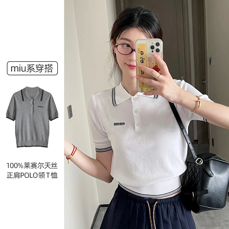 miu里miu气上衣POLO领短袖t恤女2025春季新款100%天丝内搭打底衫