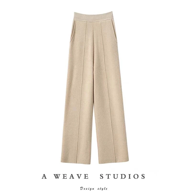 【中缝】新款纯色羊绒裤高腰百搭休闲裤子女窄版直筒裤长裤
