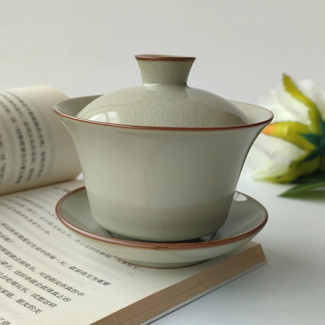 汝窑三才盖碗茶具三件套厚胎高温烧制开片纹可养高颜值泡茶杯礼品