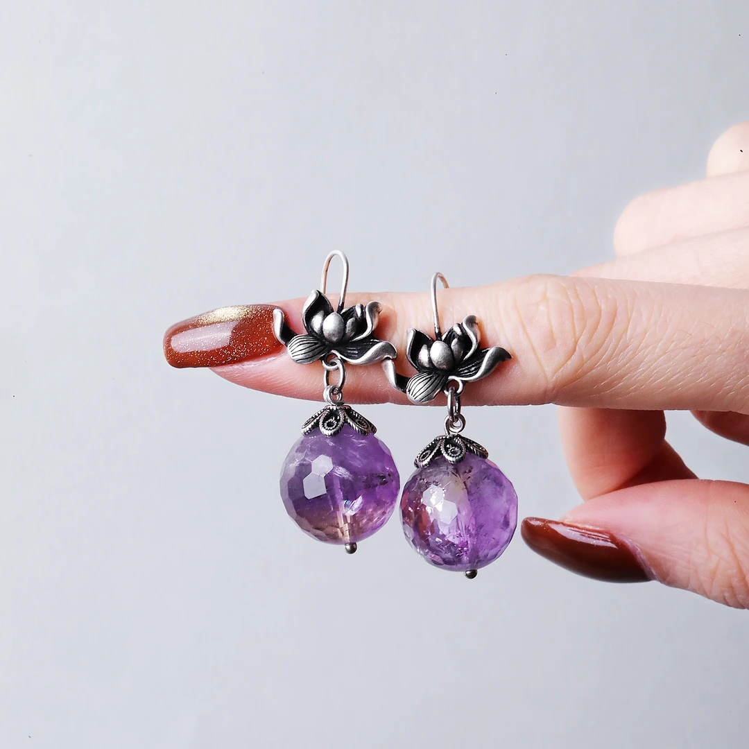 925银耳饰 七[玲珑] E25717 切面紫水水莲华耳环