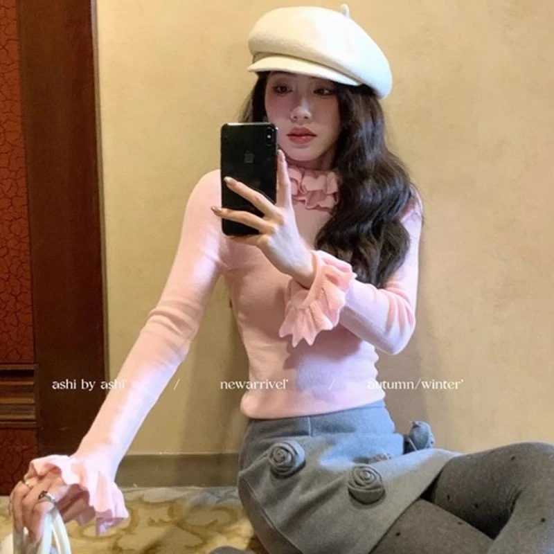 韩系甜美温柔花边荷叶领针织打底衫女冬季新款软雅秋冬款开衫毛衣