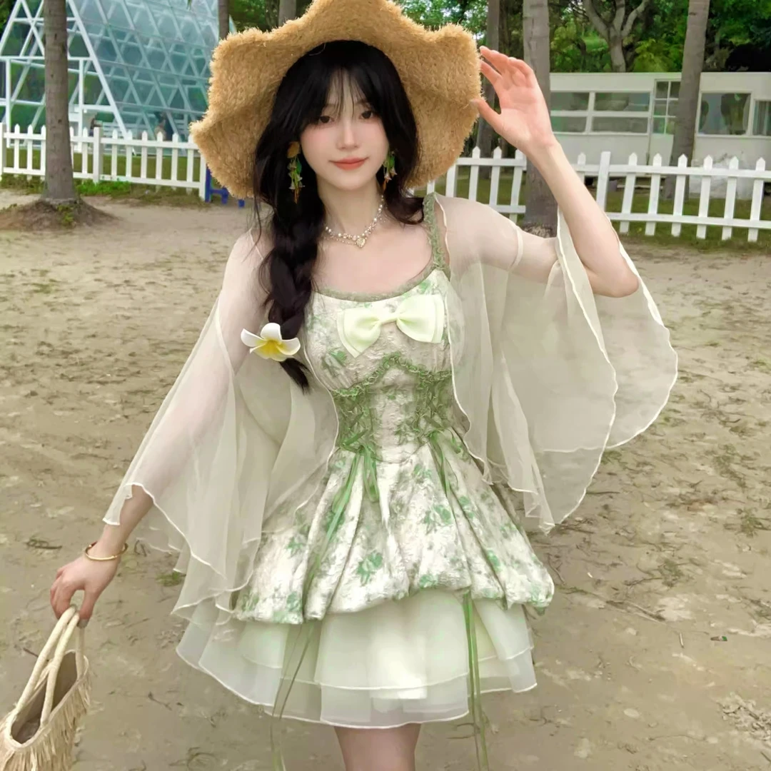 【薄荷之夏】2025春新精灵森林收腰公主吊带裙显瘦开衫两件套蝴蝶结