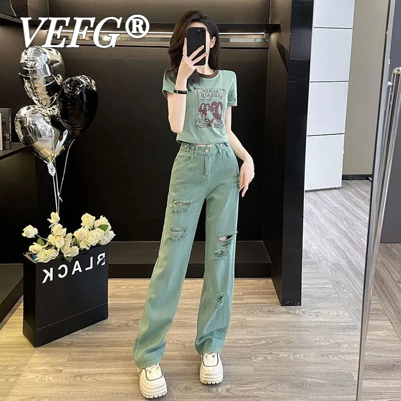 VEFG秋季女装一整套洋气显瘦短袖T恤女高腰破洞窄版牛仔裤两件套