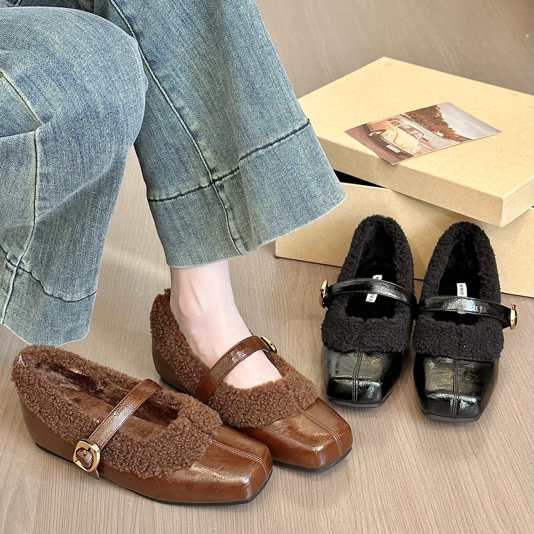 titing古着姐姐穿搭！气质方头翻毛玛丽珍鞋女冬加绒内增高单鞋