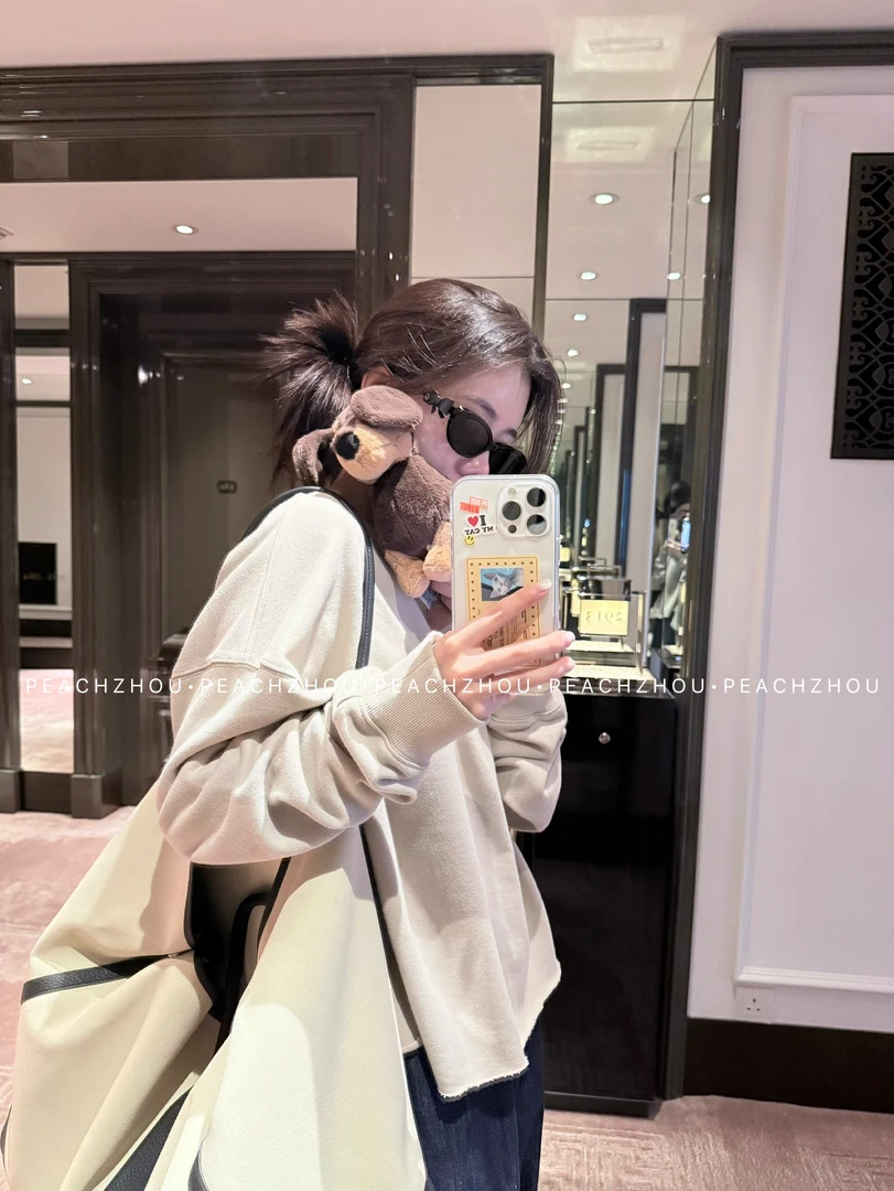 『PEACHZHOU』早秋必备基础纯色卷边宽松圆领短款卫衣休闲松弛长袖