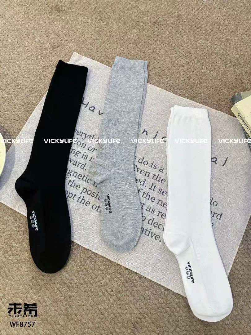 黑白灰纯色中筒袜女秋季基础款堆堆袜舒适百搭