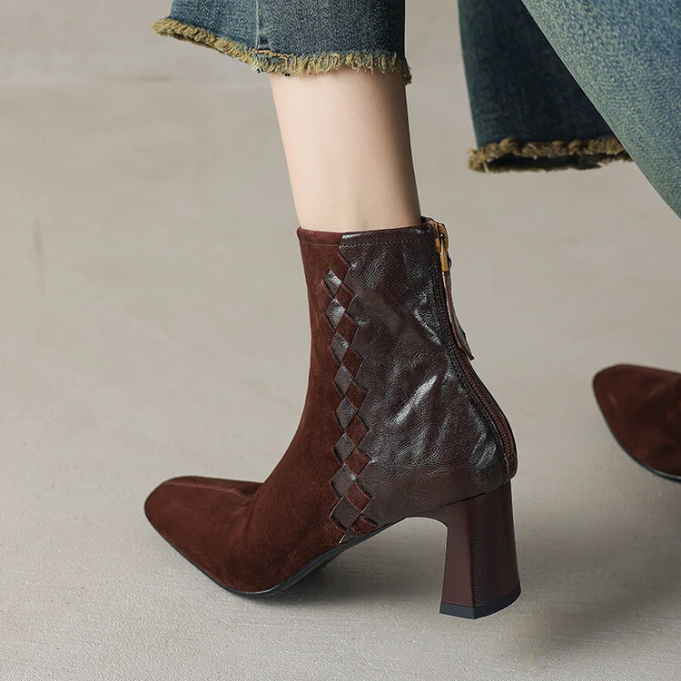 6cm~法式复古粗跟方头瘦瘦靴女2025秋冬新款真皮显瘦气质百搭短靴