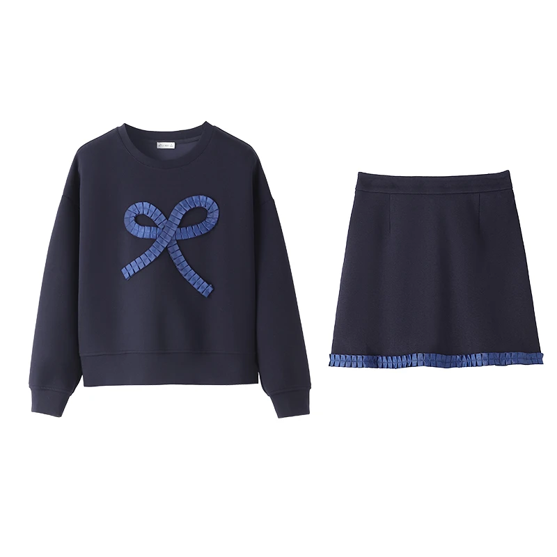 周周微胖定制~【暮秋蓝调】精致蝴蝶结圆领上衣+花边半身裙