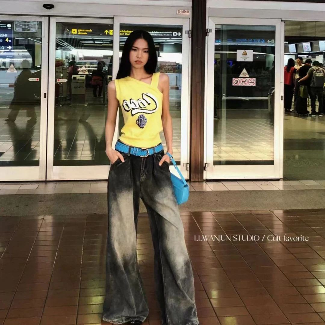 小鱼【高街slay】复古高街做旧宽松百搭牛仔裤LWJ24A1K709