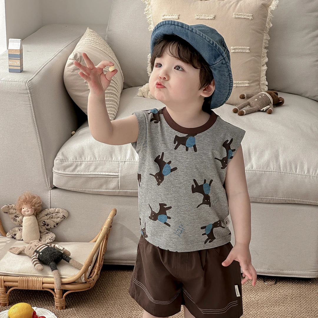 点兮婴幼儿夏装超萌宝宝衣服套装薄款短袖童装卡通小狗分体两件套
