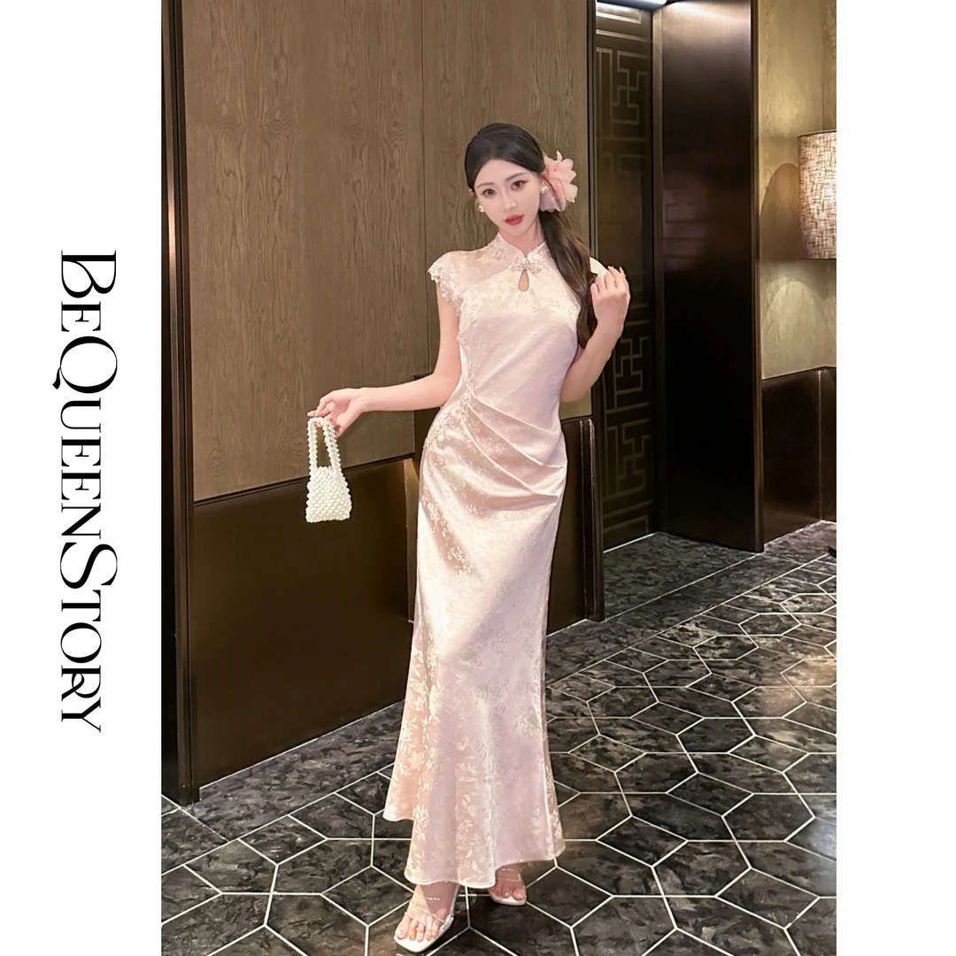 余潇潇【金榜题名】国风光泽感精致印花收腰花边旗袍连衣裙
