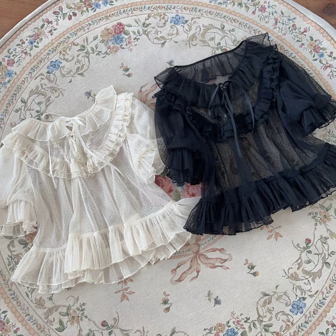 【现货】#小花园#酒酿兔桃原创网纱百搭薄内搭纱衣衬衫