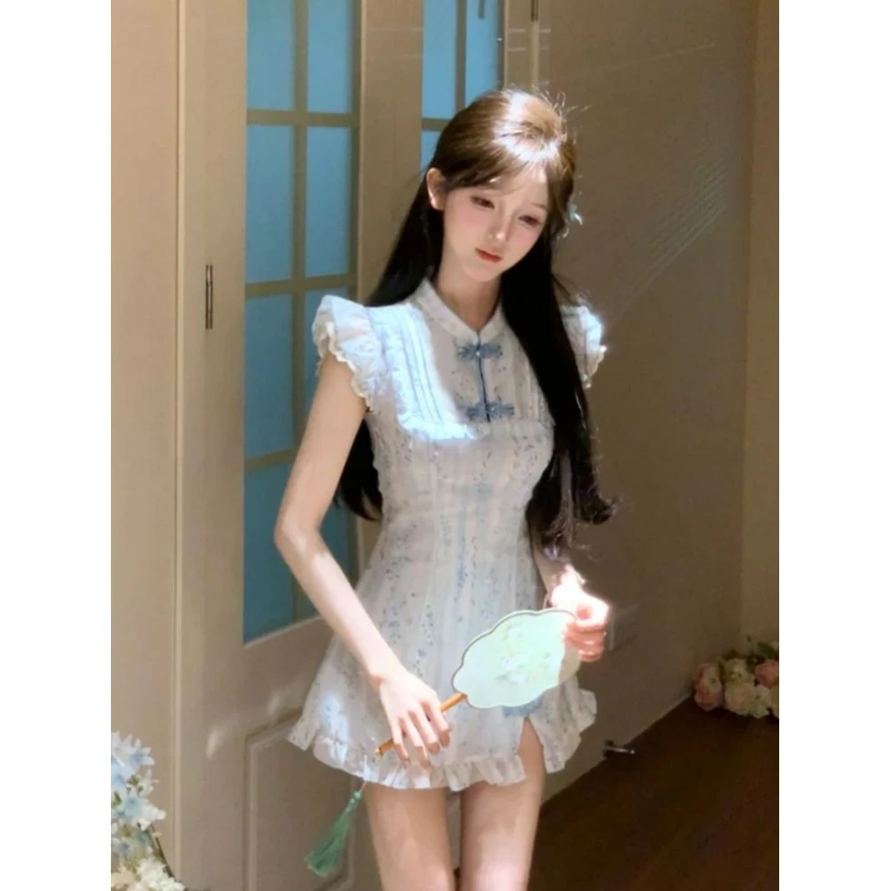 胖mm纯欲新中式收腰A字裙女夏季2025新款甜美小飞袖修身女旗袍裙