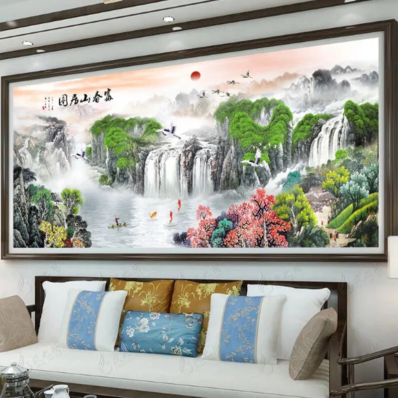 纯手工十字绣成品不带裱框富春山居图流水生财客厅风景山水装饰画