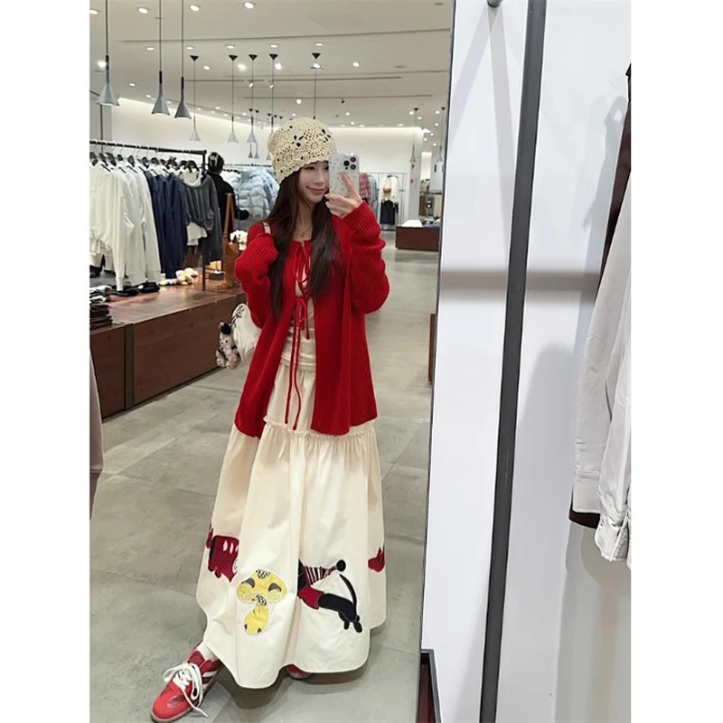 韩系绑带针织开衫外套女春季重工贴布绣花半身裙打底衫三件套装裙
