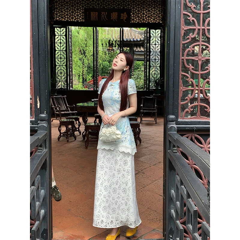 【疏影蓝茶】甜辣多多棉布印花料下摆拼接重工花边新中式连衣裙