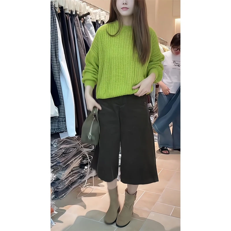 慵懒风韩系圆领收腰长袖软糯毛衣宽松显瘦简约针织上衣显瘦阔腿裤
