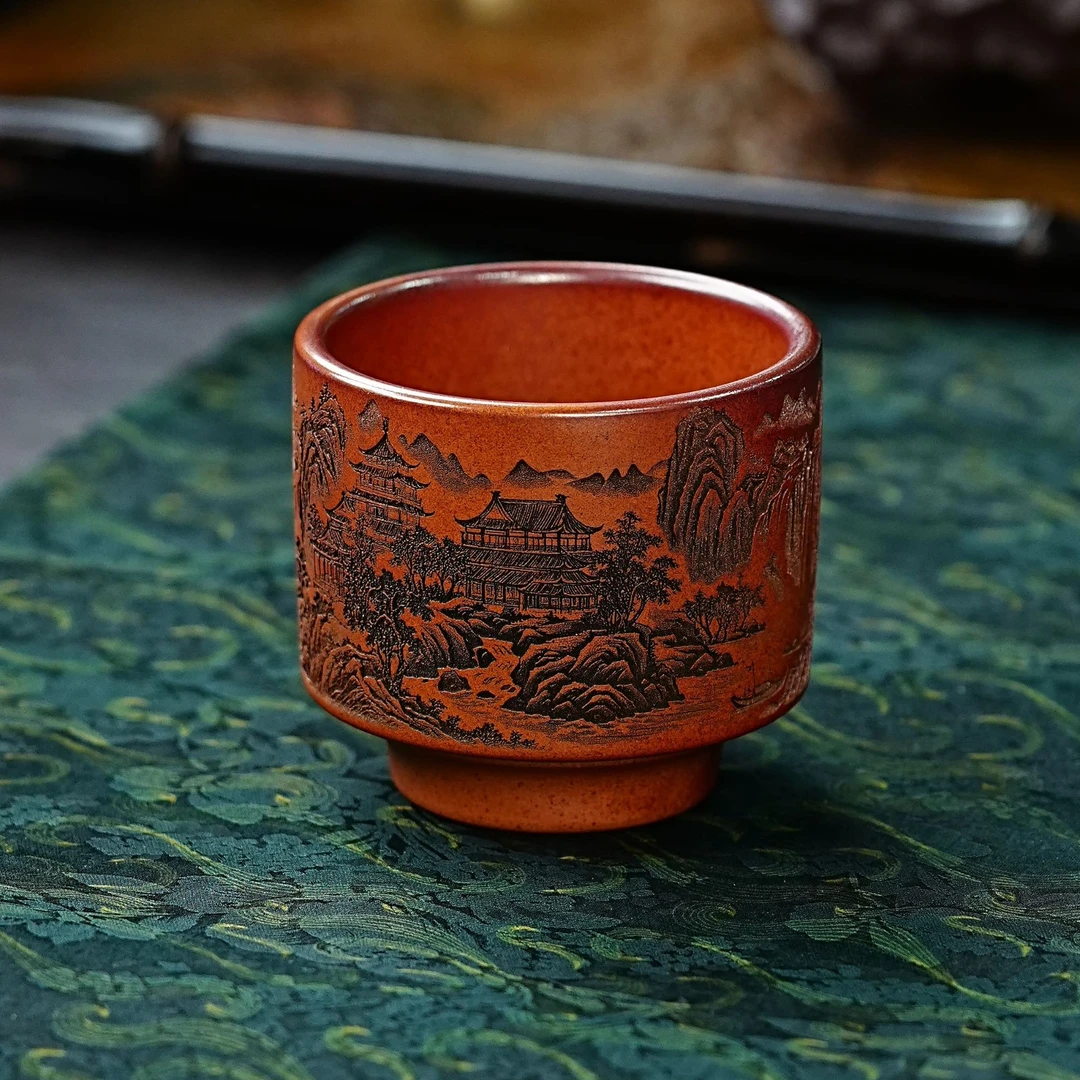 宜兴正宗紫砂柴烧龙骨金砂暮云闲阁卧青山柱础杯主人杯纯手工精美