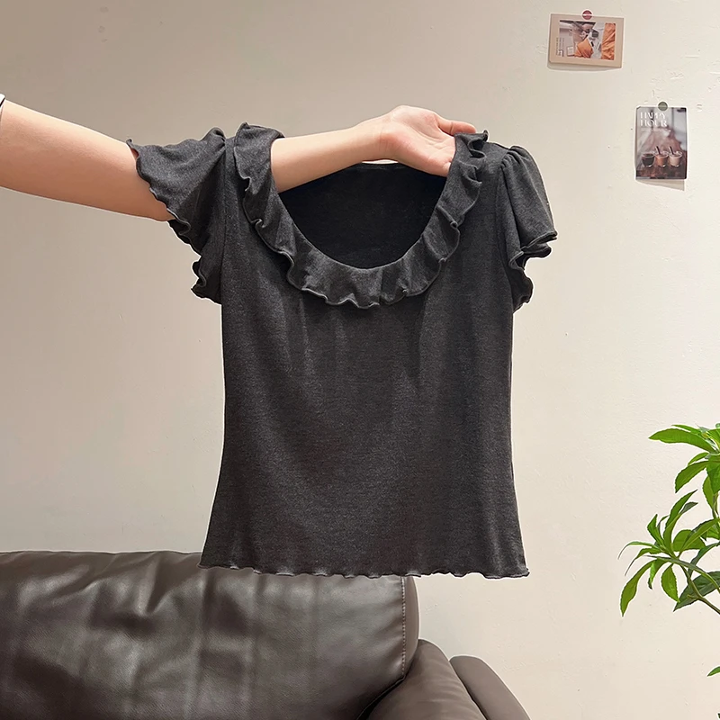 韩系U领木耳边设计感正肩短袖T恤女装夏季新款拼接修身显瘦小上衣