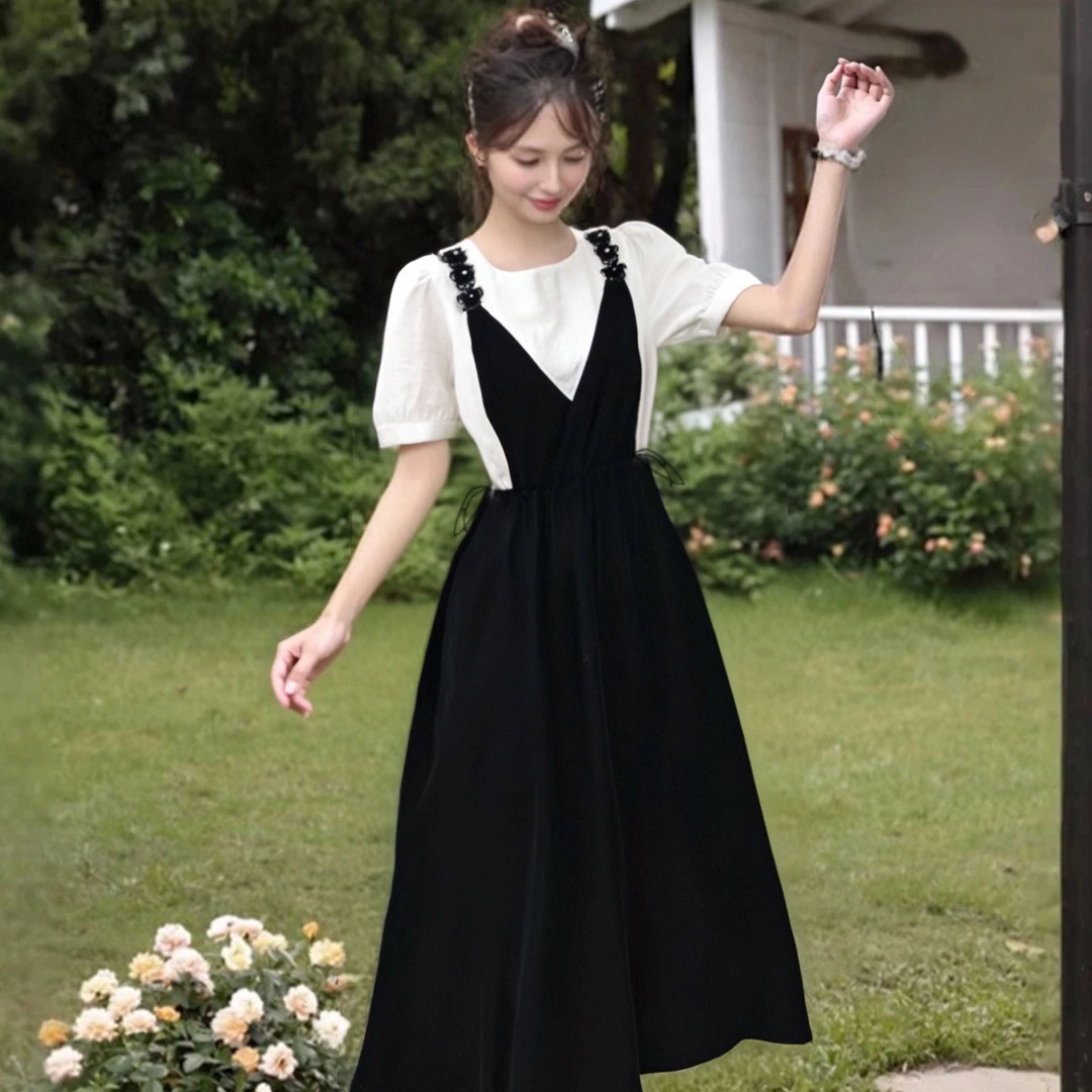 C大码假两件抽绳设计感别致连衣裙女夏季遮肉显瘦小黑裙子D2227